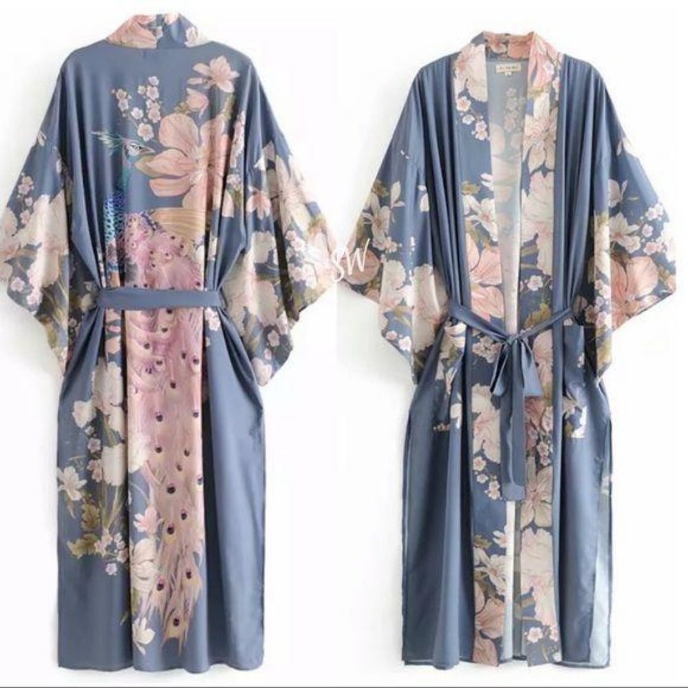 Boho Kimono Floral Bird Print Maxi Gypsy Coverup - Picture 5 of 10